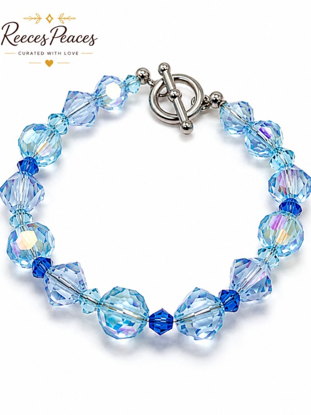 Aurora Borealis Blue Crystal Beaded Bracelet | Toggle Clasp
